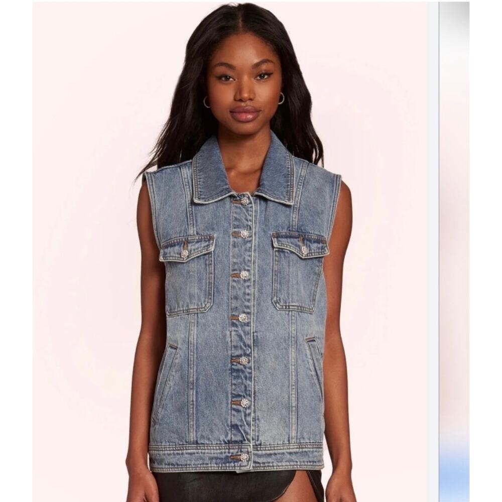 NWT Amanda Uprichard Greyson rhinestone denim jean vest sz S - Picture 2 of 6